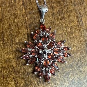 Elegant Simulated Garnet and Silver Floral Pendant Necklace